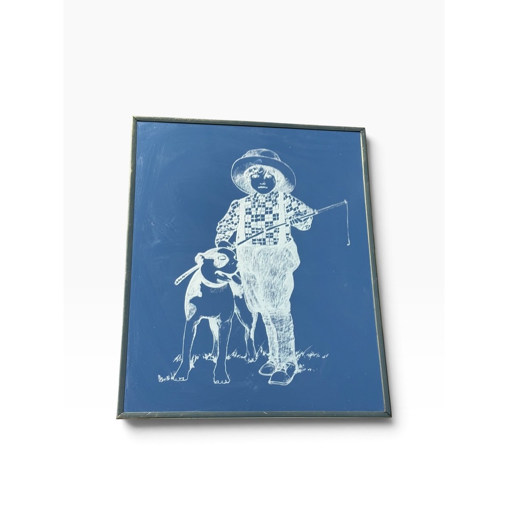 Vintage Etched Mirror Art Boy Fishing with Dog Gold Frame Americana Decor 16X21"